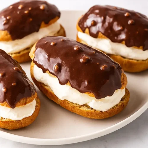 Cream-filled éclairs with glossy chocolate topping