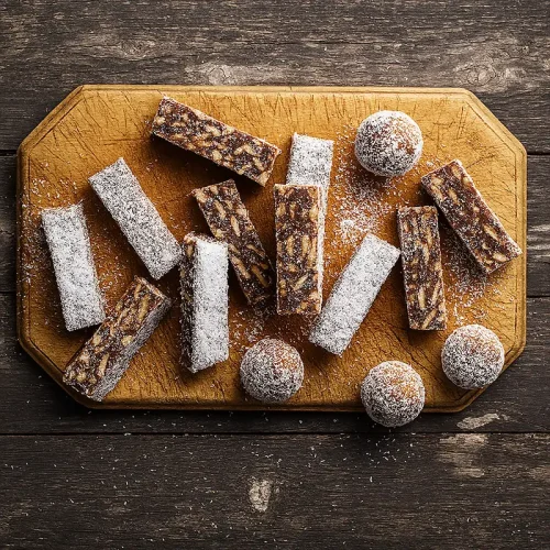 Date slices and coconut-coated date balls on serving board