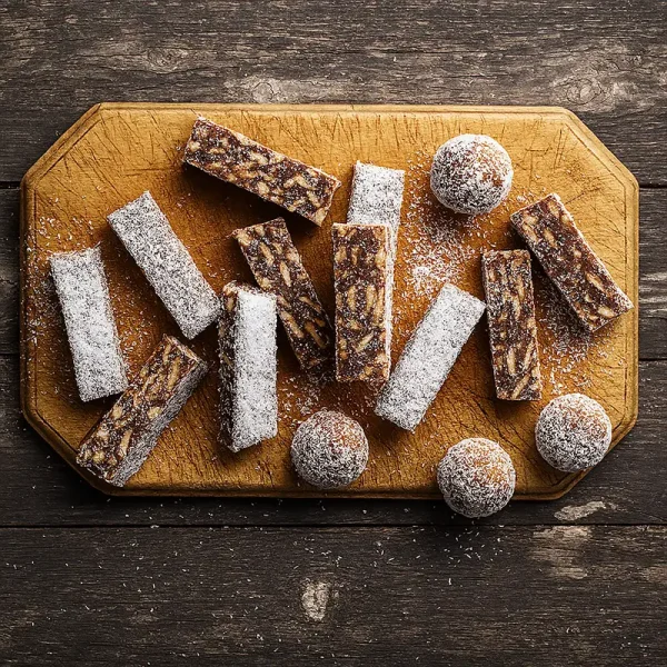 Date slices and coconut-coated date balls on serving board