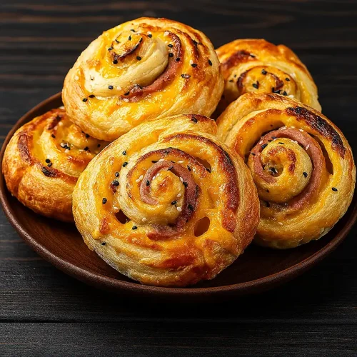 Golden puff pastry spirals filled with melted cheese and ham