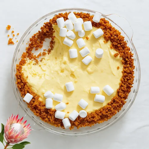 Marshmallow tart with swirled topping on a biscuit base