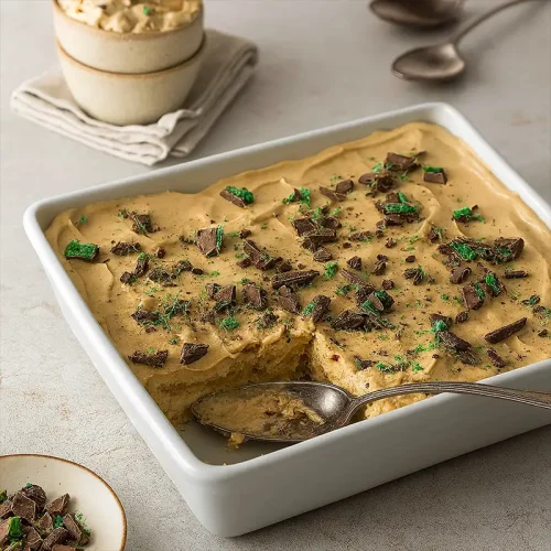 Peppermint crisp tart in glass dish with chocolate topping