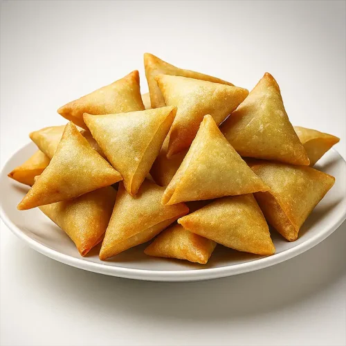 Golden fried samosas on a serving platter
