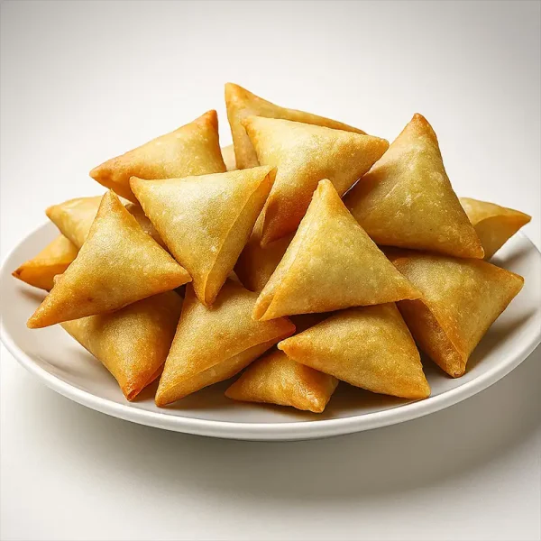 Samosas Golden fried samosas on a serving platter