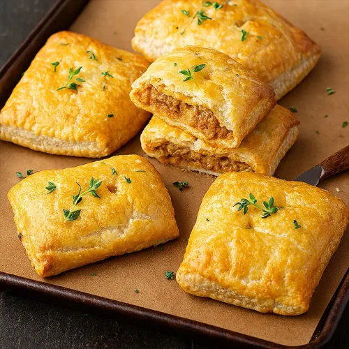 Golden savoury pies with flaky crusts on a wooden board