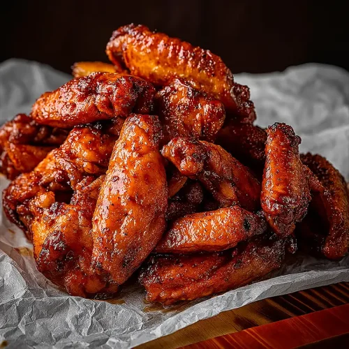Sticky chicken wings coated in glaze on a platter